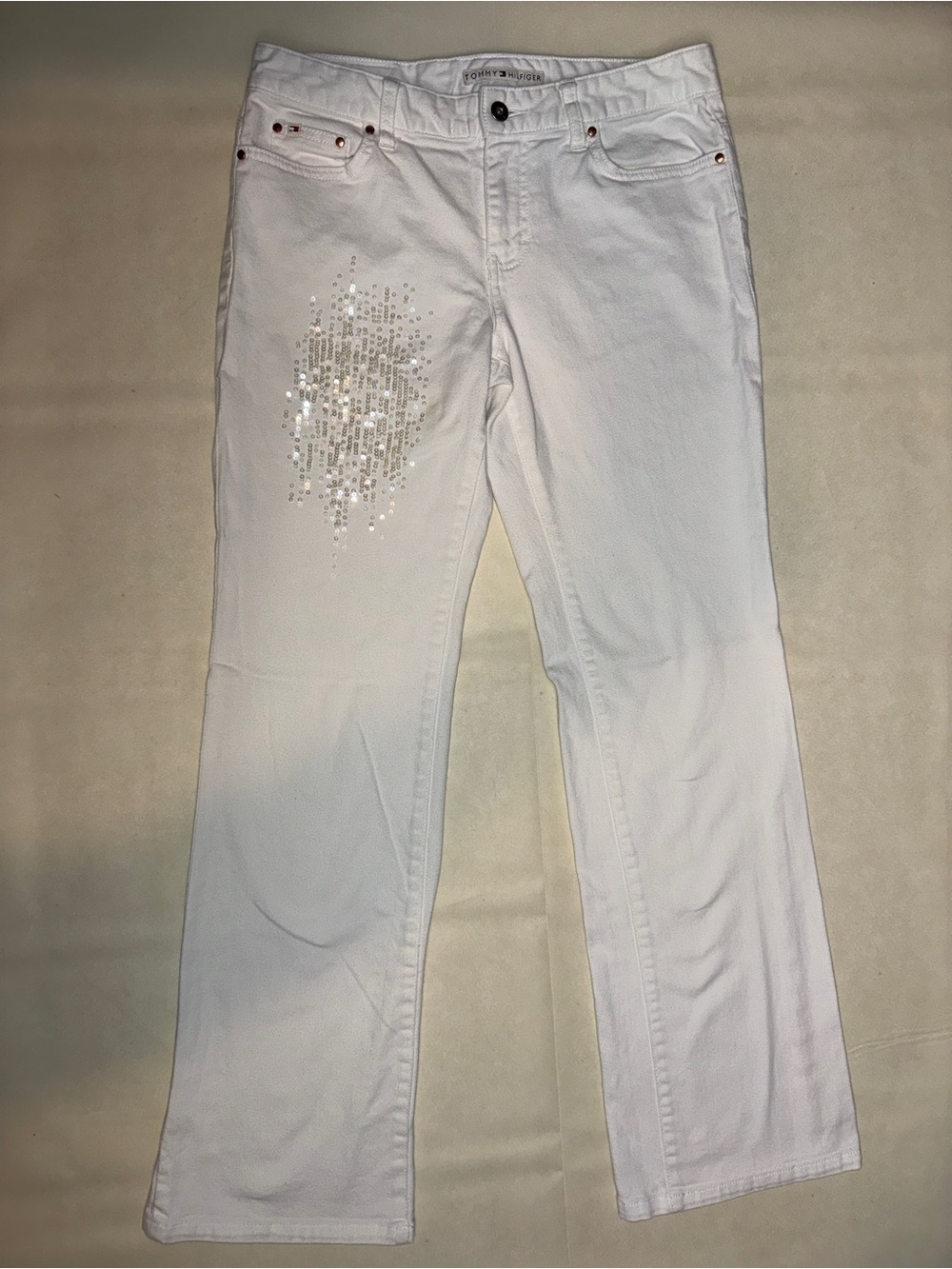 Tommy Hilfiger White Sequin-Embellished Wide Leg Jeans
